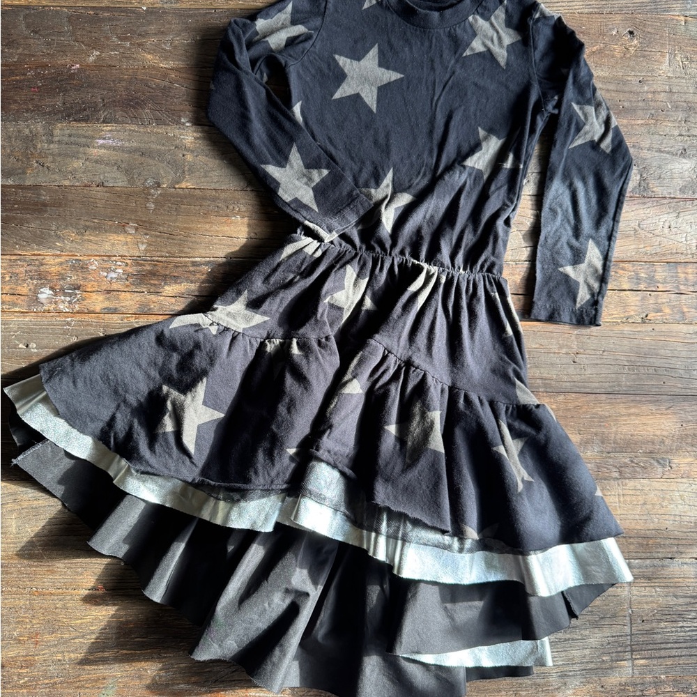 nununu Silver and Black Ruffled Tiered Long Sleeve Dress